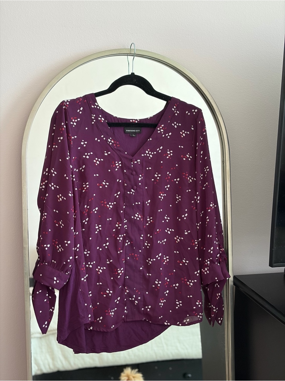 Worthington Plum Button-Front V-Neck Blouse with Dot Print